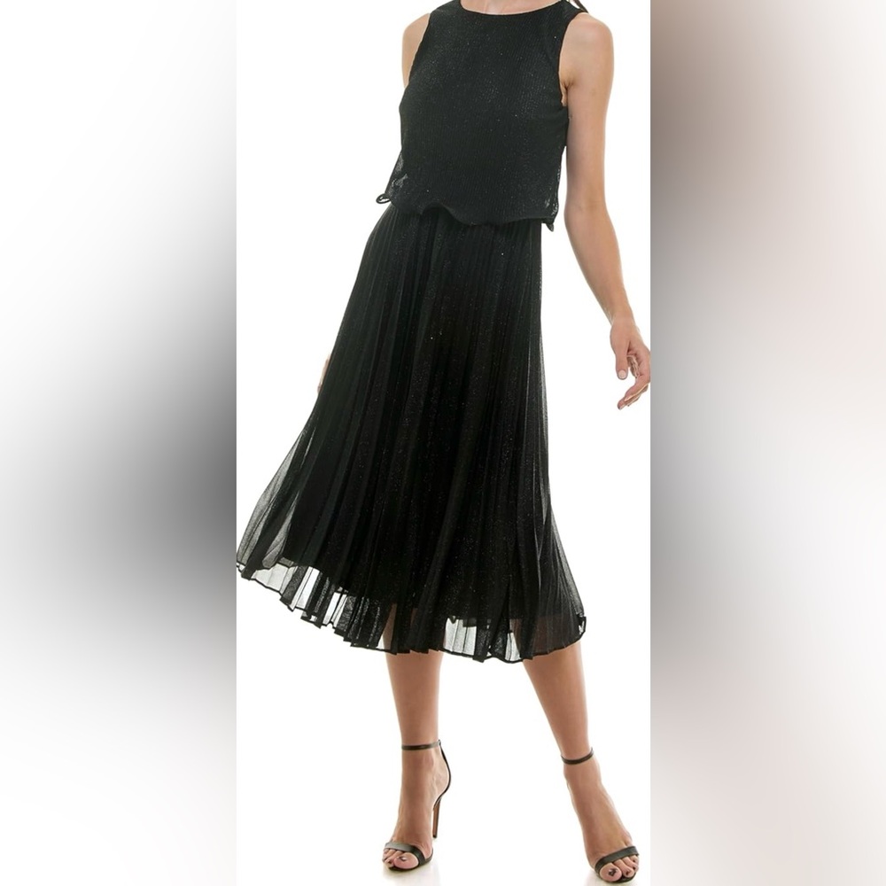 Maison Tara Women's Pleated Glitter Matte Popover Midi Dress 6 Black